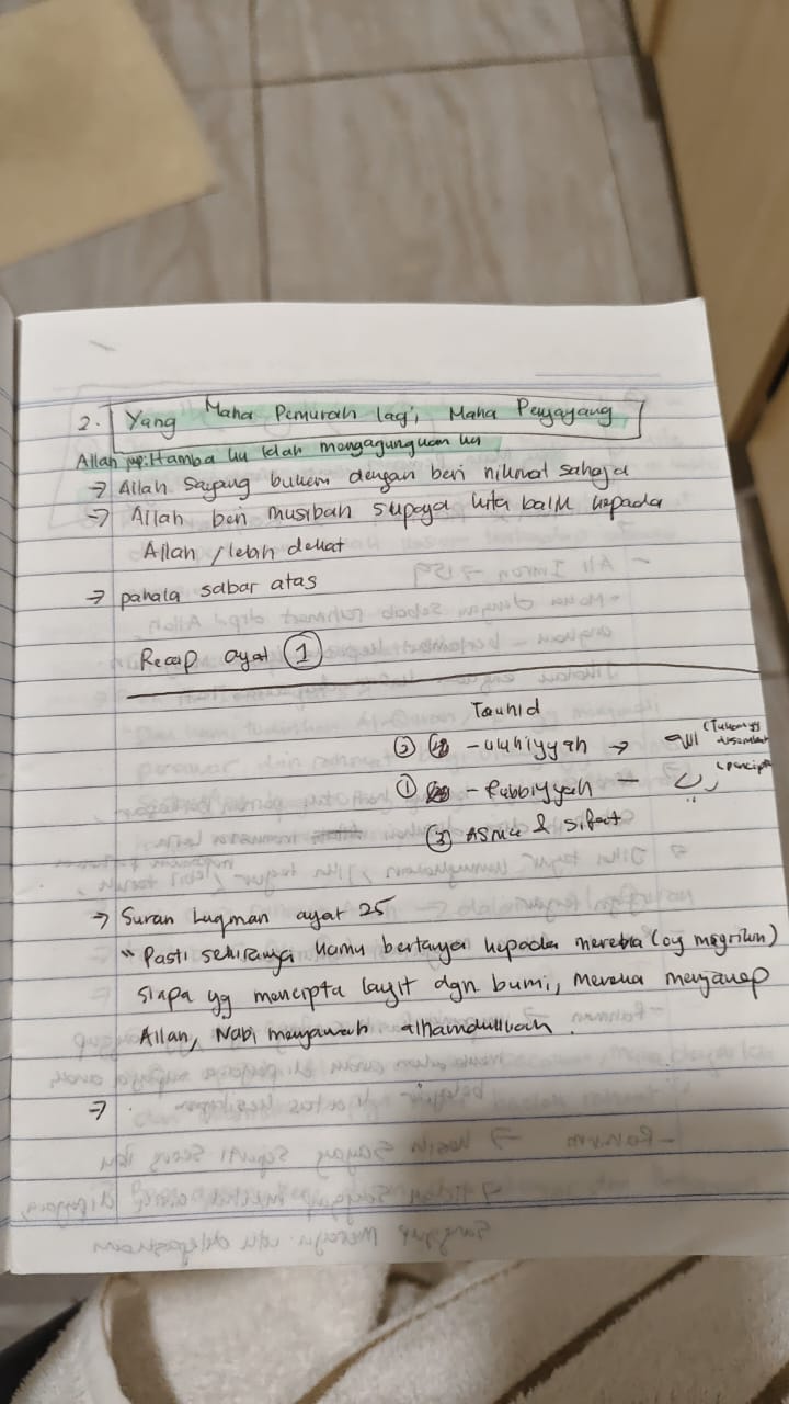 Original notebook notes for Al-Fatihah Ayat 3, page 1
