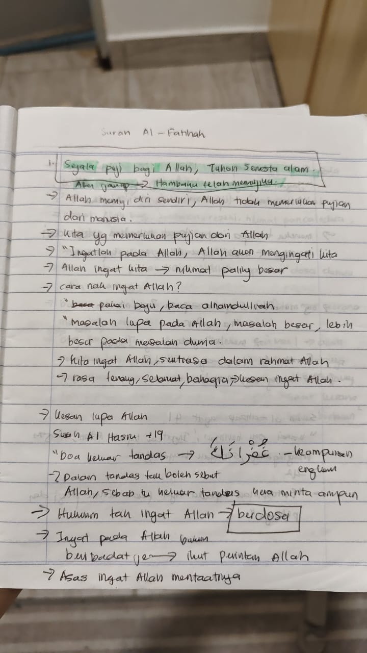 Original notebook notes for Al-Fatihah Ayat 2, page 1
