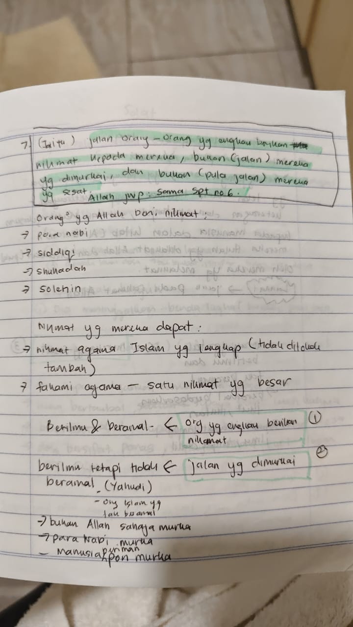 Original notebook notes for Al-Fatihah Ayat 7, page 1