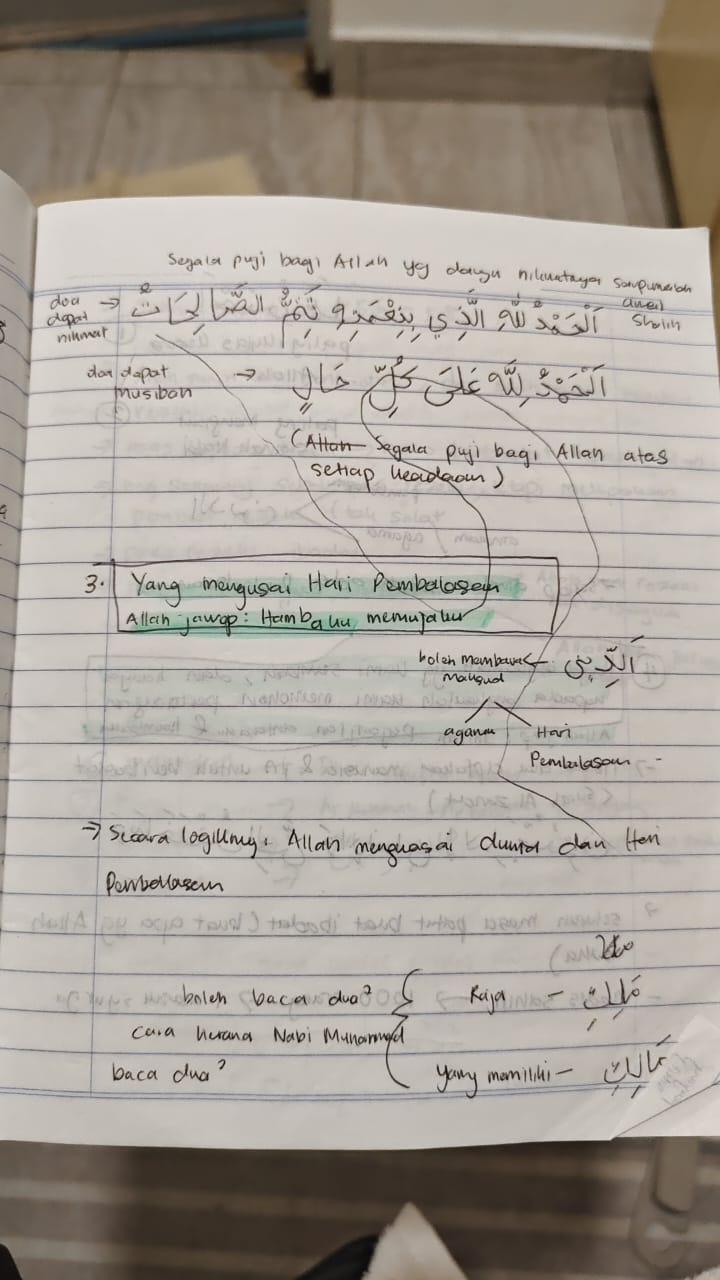 Original notebook notes for Al-Fatihah Ayat 4, page 1